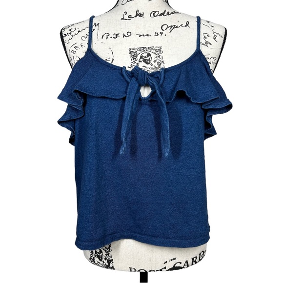 Mango Denim Keyhole Ruffle Tie Front Tank Top - Picture 2 of 9